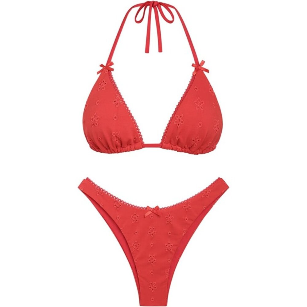 seamoly Red Bikini Set Two Piece Swimsuit Textured Halter Triangle Thong SMALL